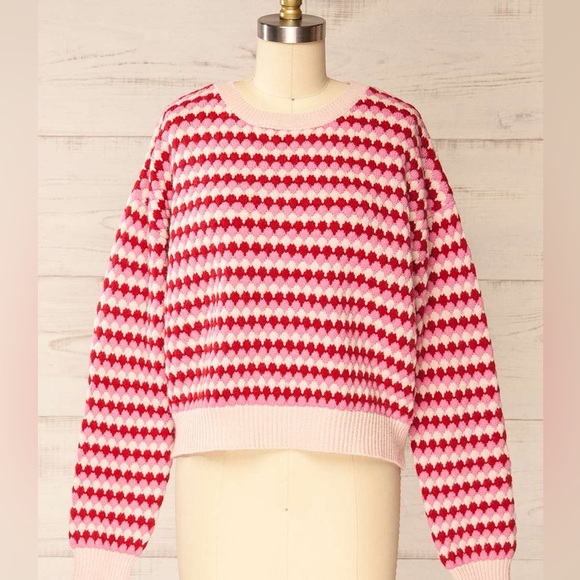 NWT THML Women’s Pink & Red Patterned Sweater 3/4 Sleeves Size Large - Picture 1 of 9